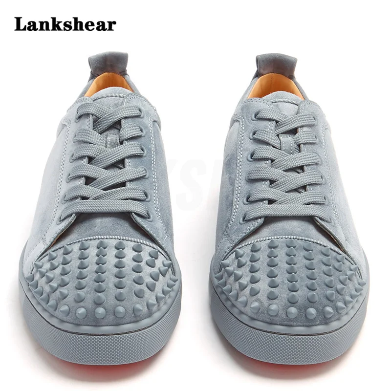 Men Suede Flat Cool Rivets Lace-Up Sneakers Newest Round Toe Black Red Blue Green Grey Studs Causal Flat Shoes Work Shoes