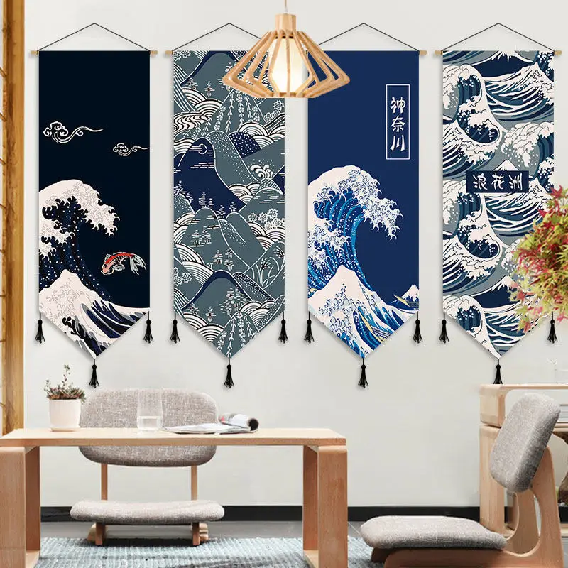 Japanese Ukiyo-e Fabric Tapestry Wall Hanging - Aesthetic Room Decor for Sushi Restaurant & Bedroom Headboard Background