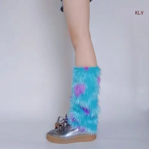 Imagen 2 del producto Calentadores piernas peludos invierno para mujer, medias Harajuku, polainas, puños bota, monstruos, bloques colores,