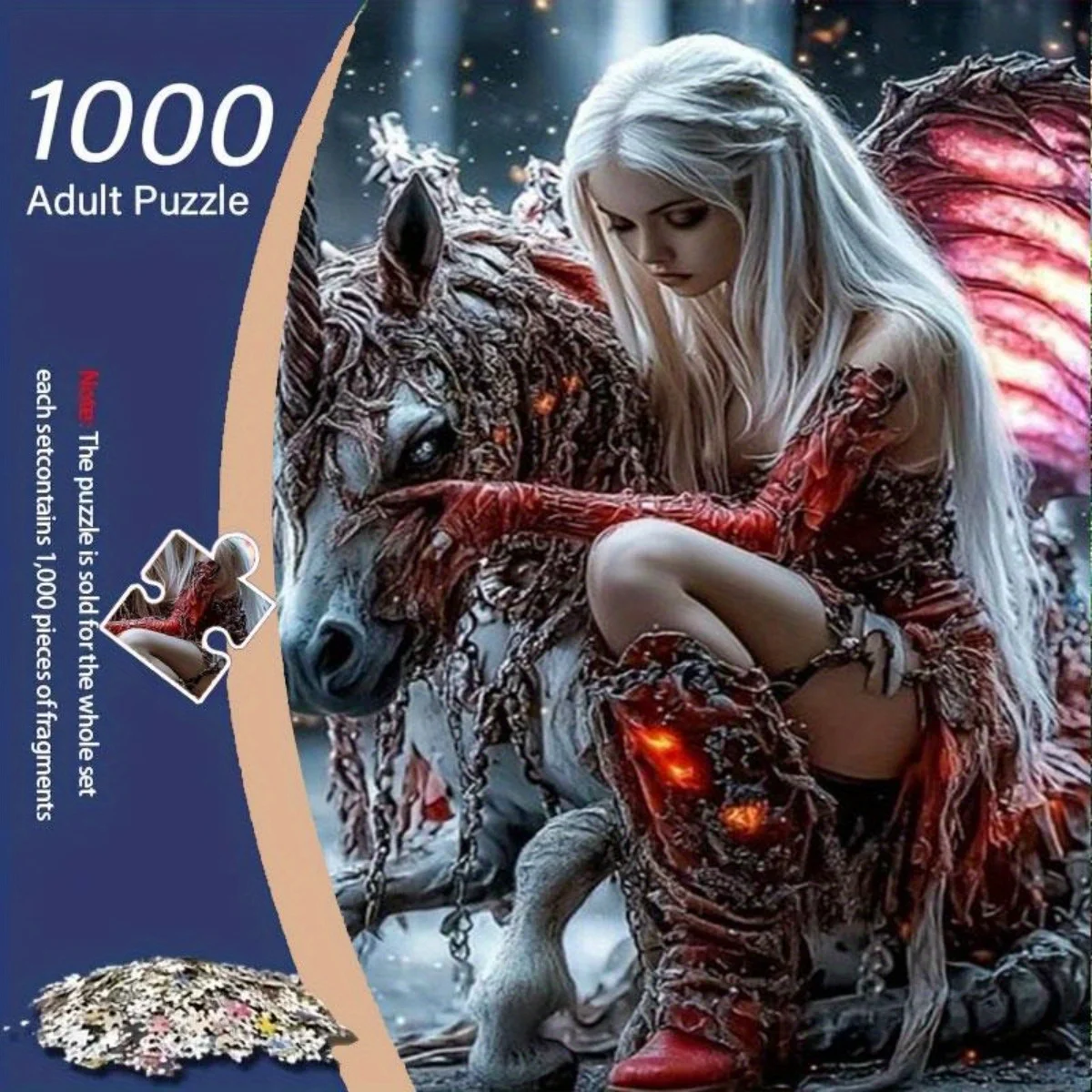 Fantasy White-haired Girl with Red-winged Unicorn Luminous Jigsaw Puzzle 1000pcs Creative Relax Healing Immersive Building Art