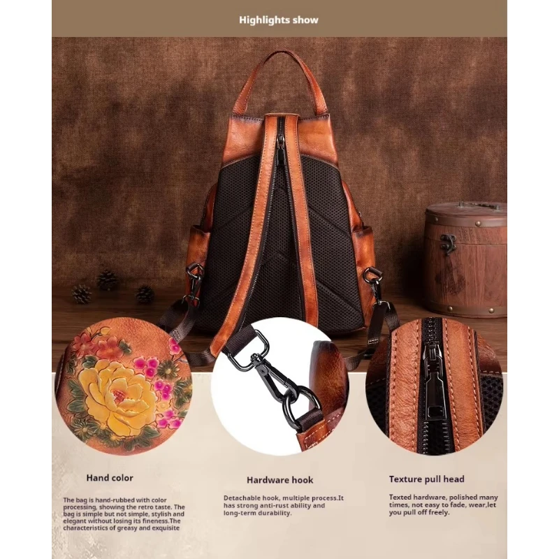 Floral Embossed Leather Backpack for Women, Vintage Cowhide Shoulder Bag, Handmade Crossbody Purse with Adjustable Strap