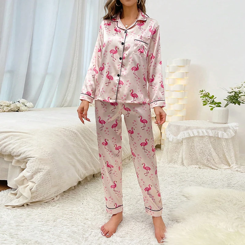 Set pigiama in raso da donna Flamingo Print Sleepwear autunno manica lunga colletto con risvolto Top e pantaloni pigiama Loungewear pigiama Femme