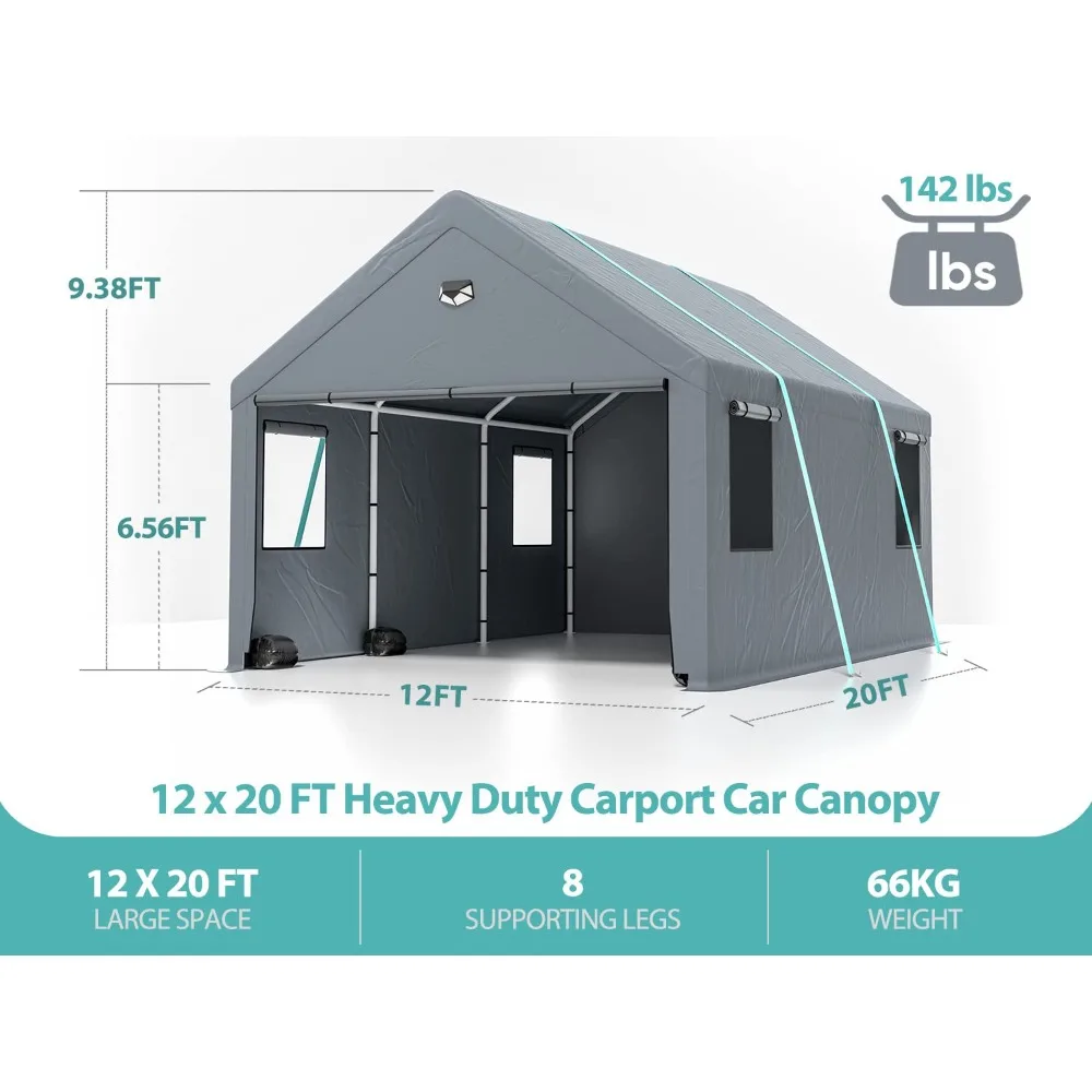 2024 New 12 * 20 Heavy Duty Carport Canopy - Extra Large Portable Car Tent Garage with Roll-up Windows and All-Season Tarp Cover