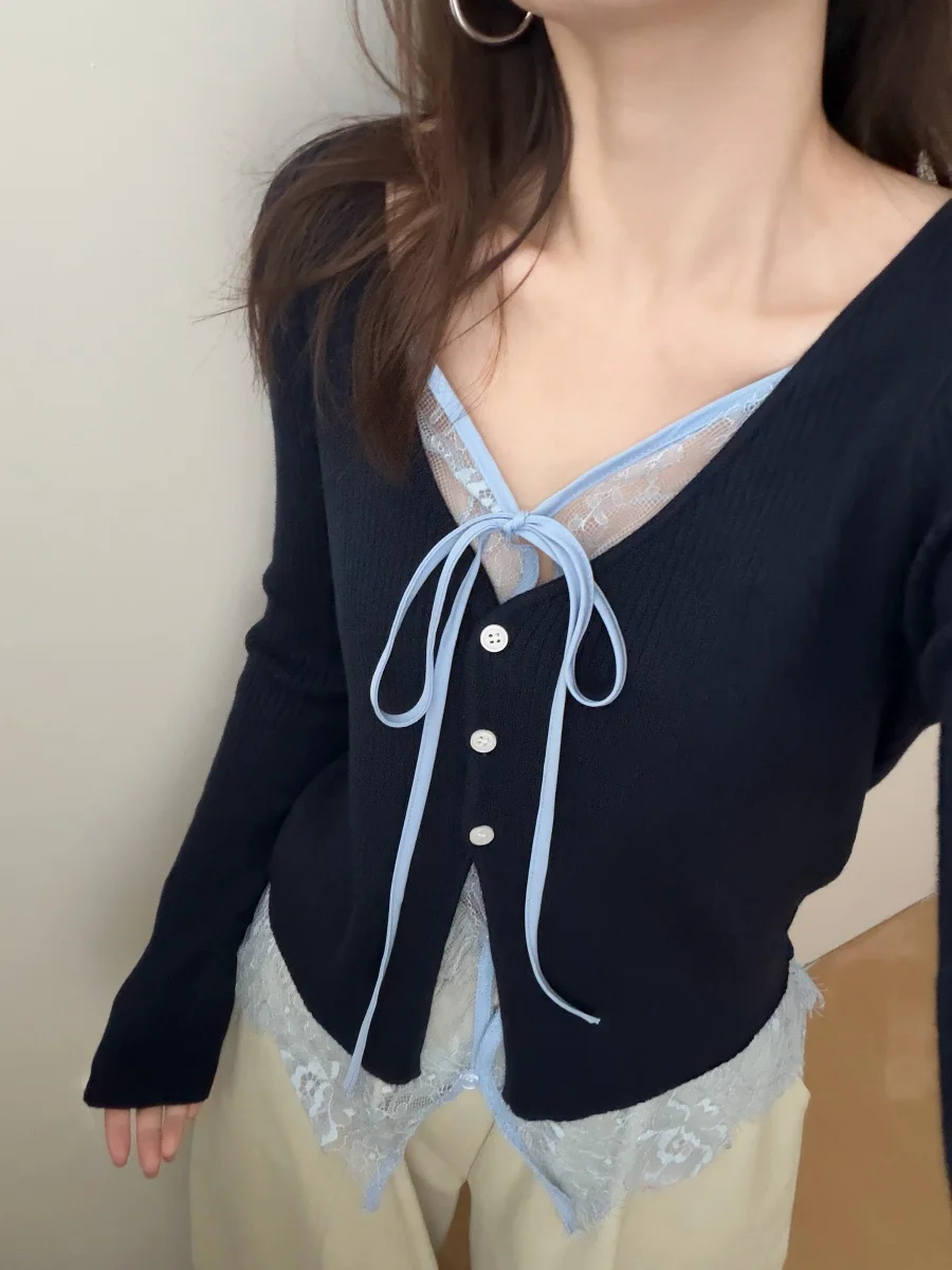 

Ele V-Ne Knitted Top with Lace Detail Color Blo Design Women's Long Sve Faionable Spring New Arrival irt