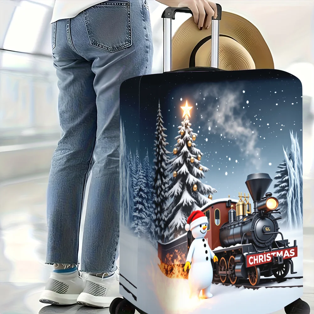 1PC Christmas train and snowman print luggage cover for luggage 18 – 32 inches; dust and elastic travel accessories to effective