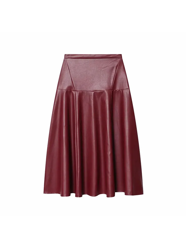 Women 2025 Autumn New Fashion Faux Leather Midi Skirt Retro High Waist Chic Rear Zipper Draped Slim Skirt Mujer