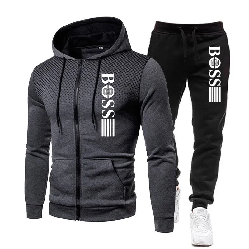 

2025 New Men's zippered hoodie + Casual Pants Set for Autumn and Winter fashion Fitness and Warm sportswear Two-piece set