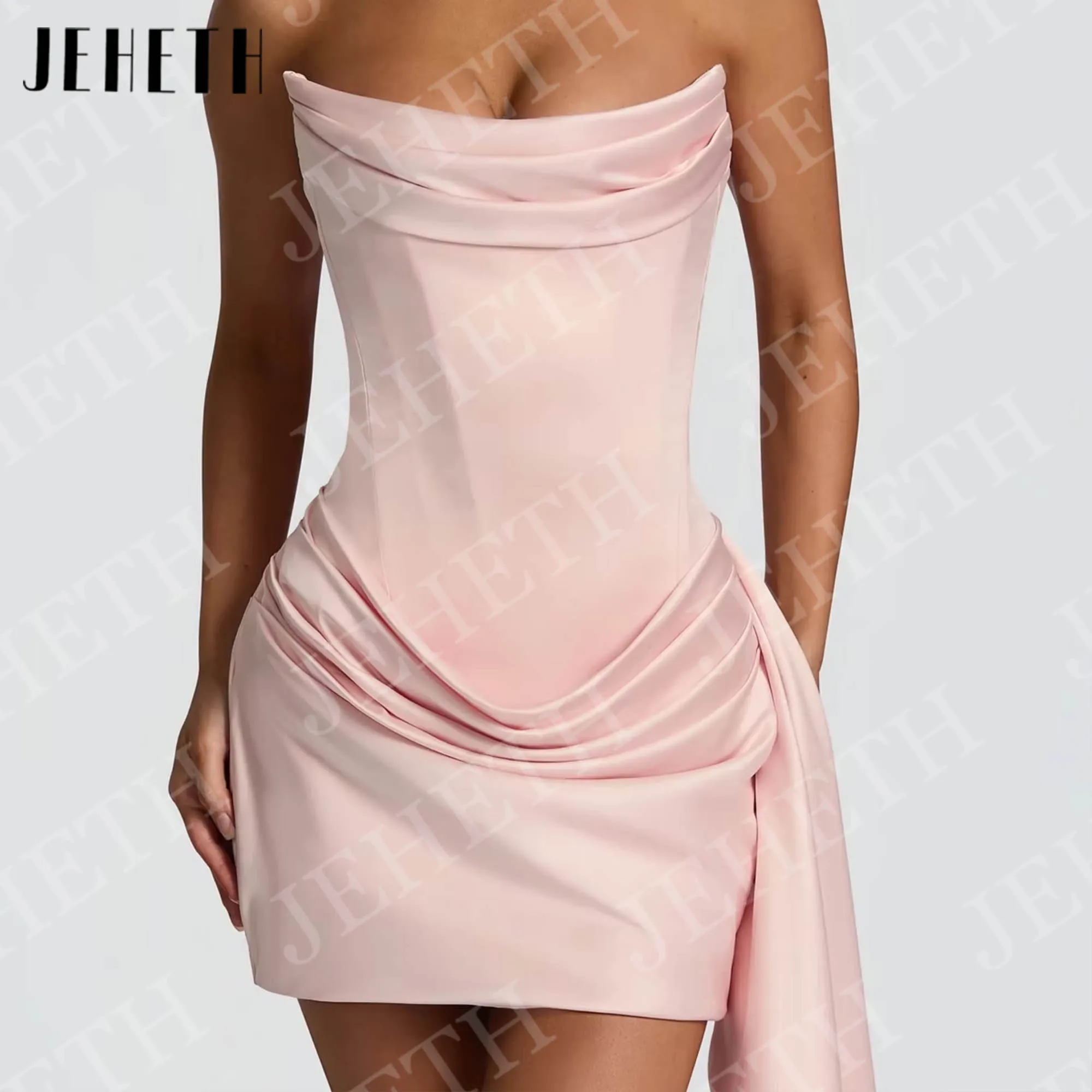 

JEHETH Evening Dress Short Elegant Woman Mini Strapless Satin Mermaid Cocktail Party Dresses Pink Customized vestidos de fiesta
