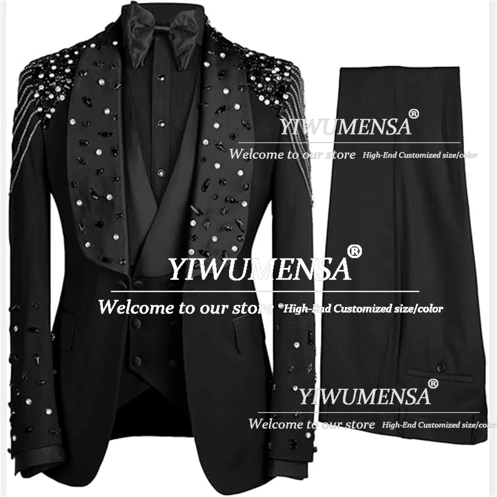 

Luxury Crystals Beaded Groom Wedding Suits 3 Pieces Sets Shawl Lapel Prom Party Tuxedos Customized Man Banquet Business Clothing