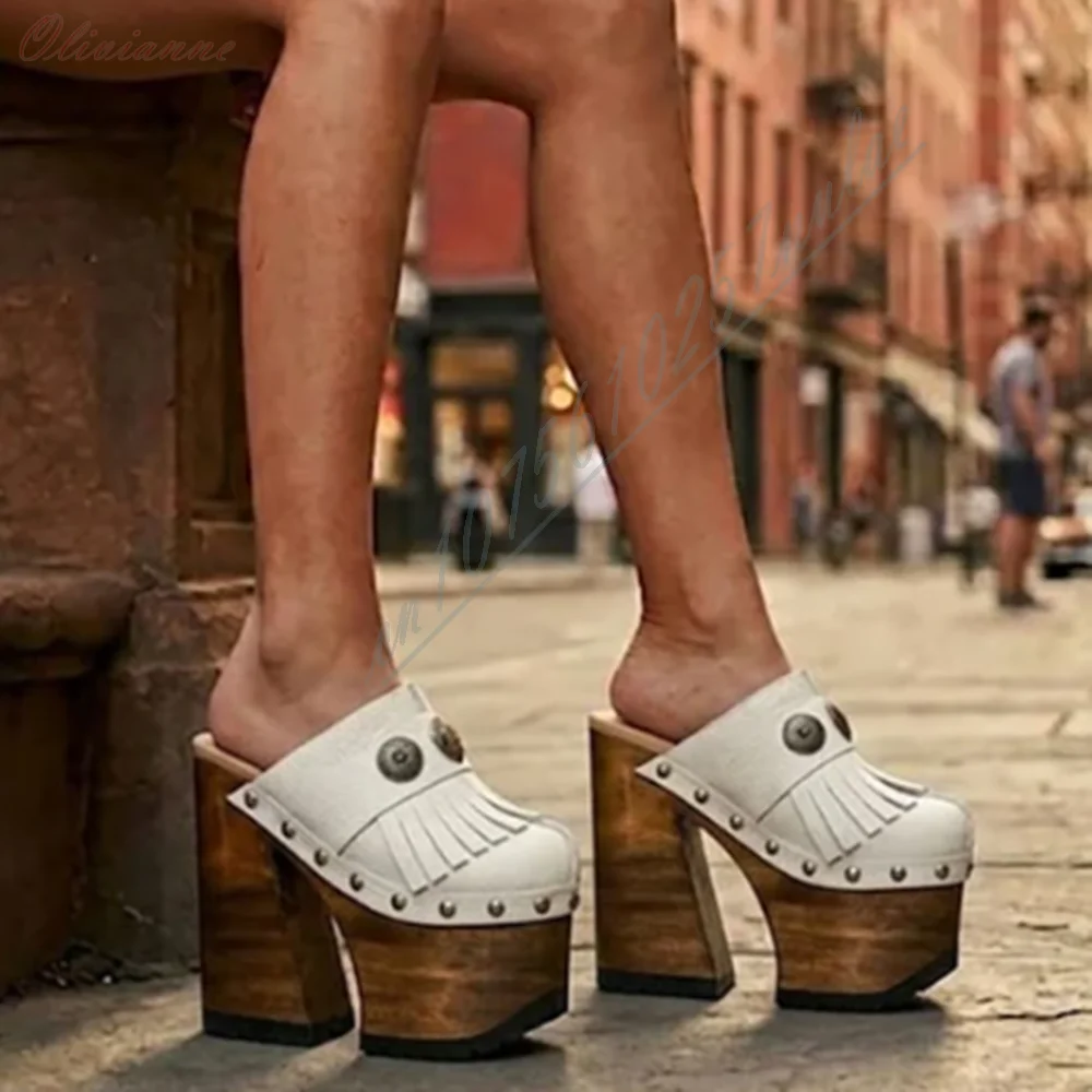 Elegant Lady's White Faux Leather Platform Fringe Rivet Pumps Chunky Block Heel Western Backless Slip On Women Shoes Mujers