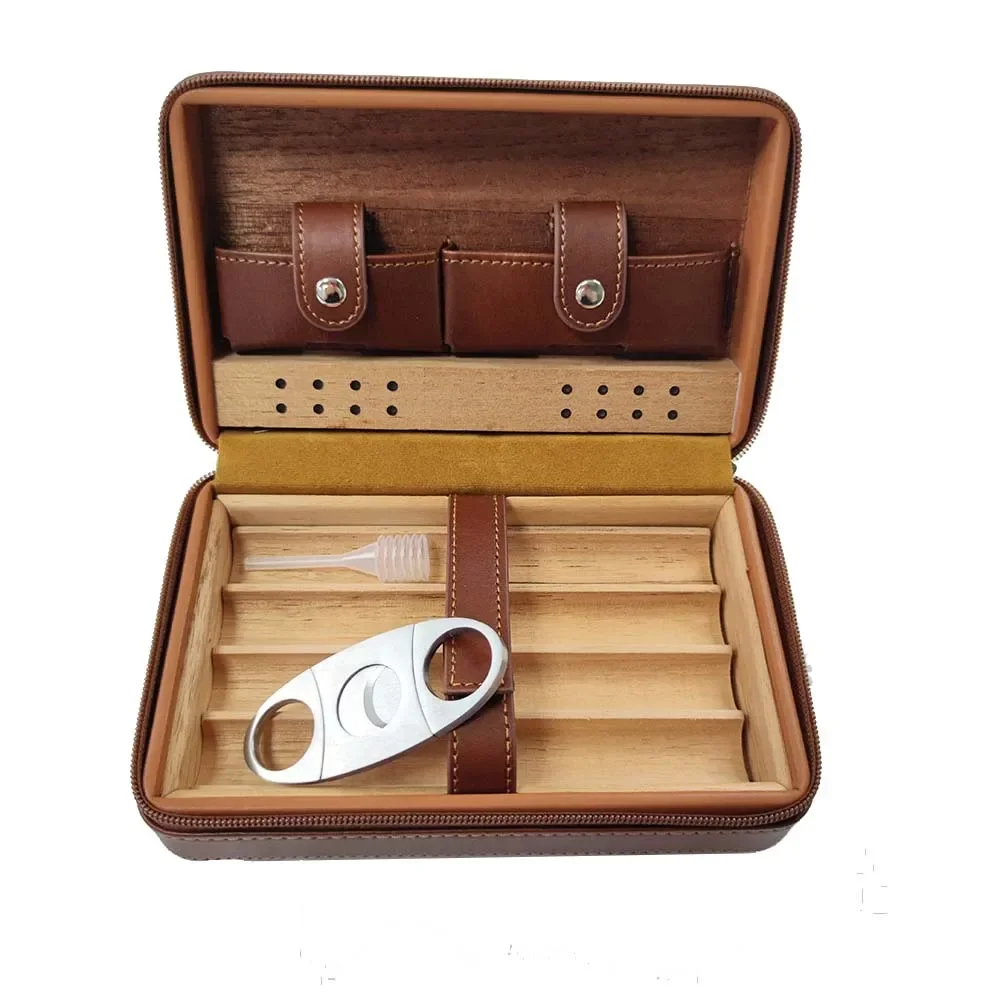 Leather Cedar Wood Cigar Humidor Box Gift Cigar Cutter Travel Leather Cigar Case Storage 4 Pcs Box Humidor