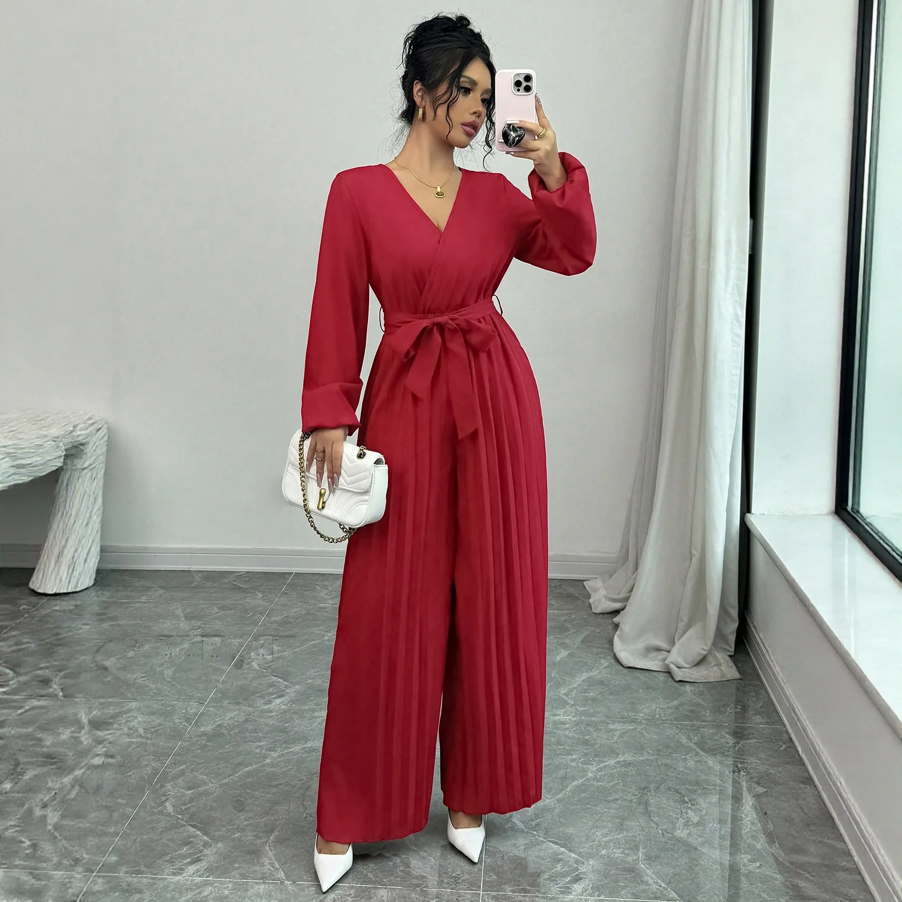 

Spring New Solid Color Jumpsuits Women Simple Casual V-neck Long Sleeve High Waist Leace-up Pleated Wide Legs Jumpsuit Female