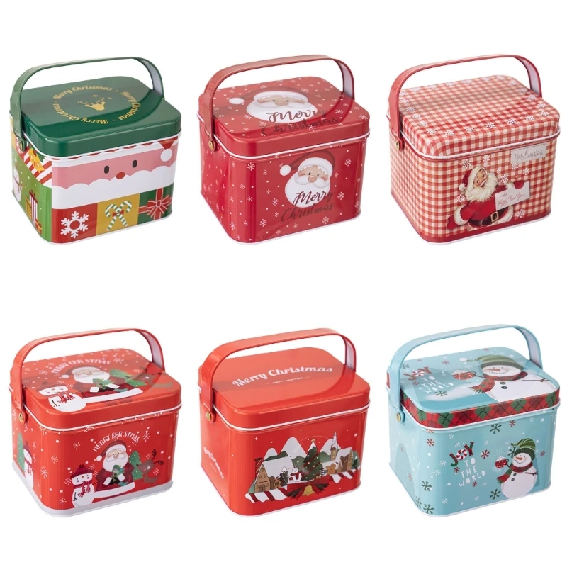 

2pcs Christmas Treat Container with Carry Handle Handheld Tinplate Sweets Tins Dropship