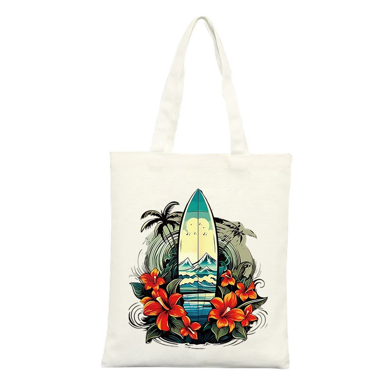 Surfboard and Hibiscus Canvas Tote Bag, Tropical Beach Style for Summer Outings
