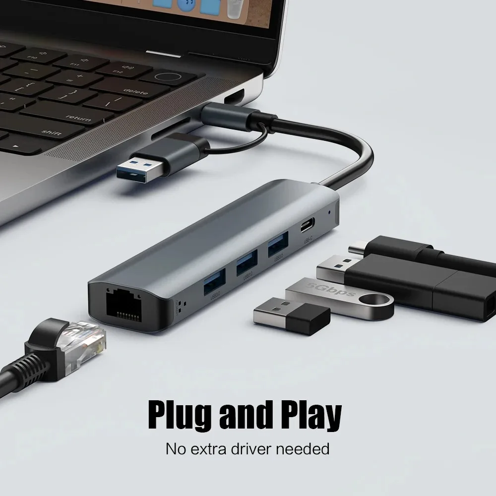 맥북 프로용 USB C 허브 USB-C USB-A 멀티포트 어댑터, USB 3.0, 데이터 전송 기가비트 이더넷, RJ45 도킹 스테이션