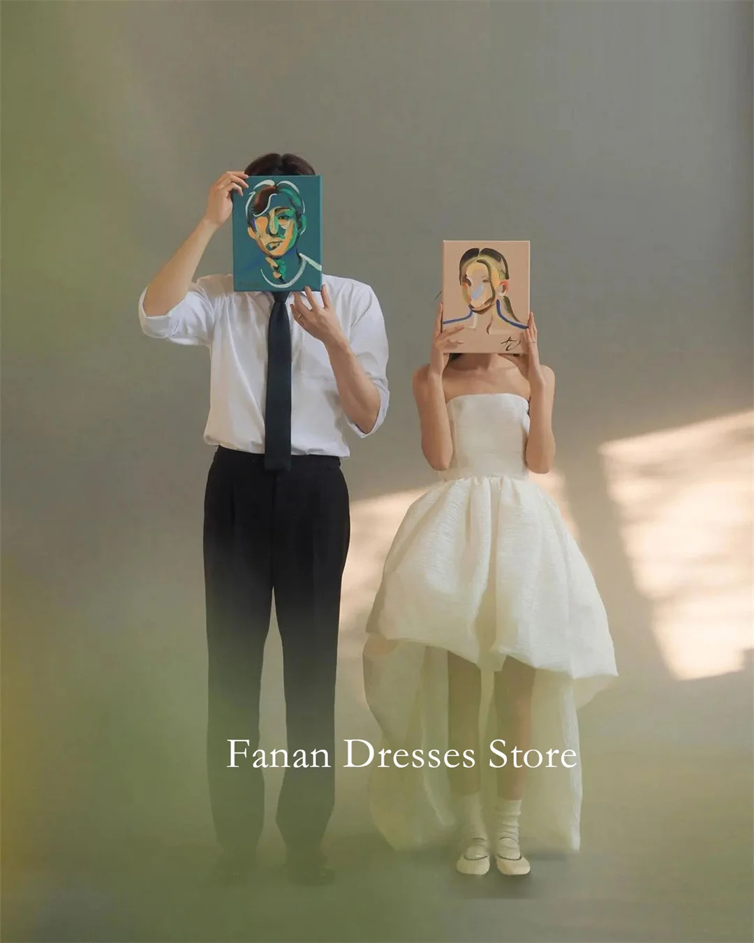 FANAN Korea Strapless High Low Sleeveless Satin Ruched Corset Wedding Dresses 웨딩드레스 Ivory Customized Pretty  Bride Dress