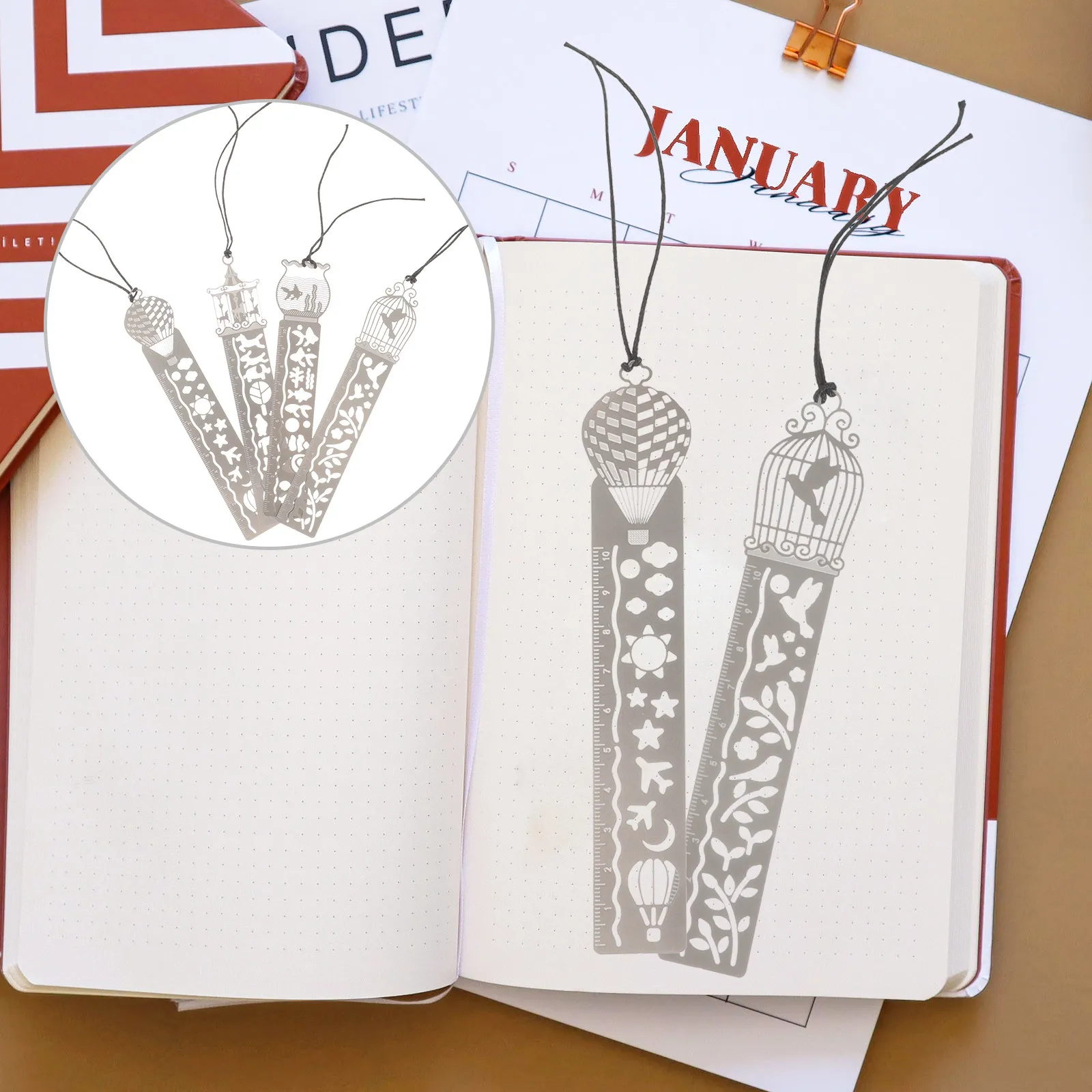 8Pcs Rustproof Hollow Bookmark Ruler Stencil Set Creative Metal Book Markers for Reading Documents Files Drawing School Home Use