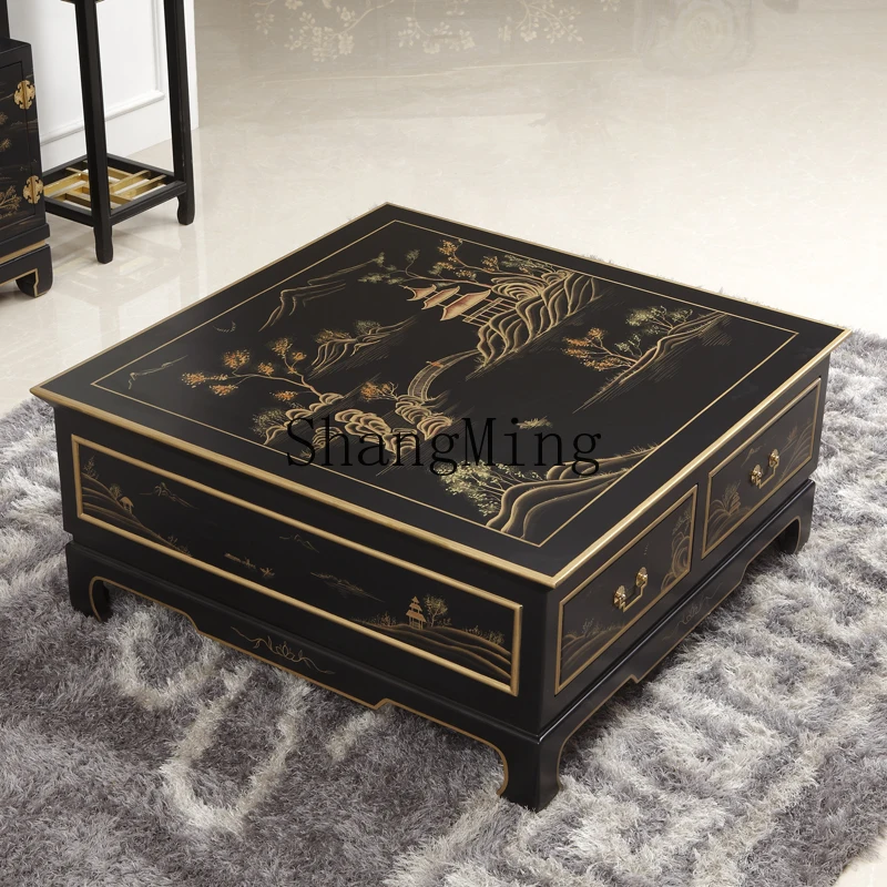 

CL black painted landscape map one meter square tea table large apartment living room rectangle