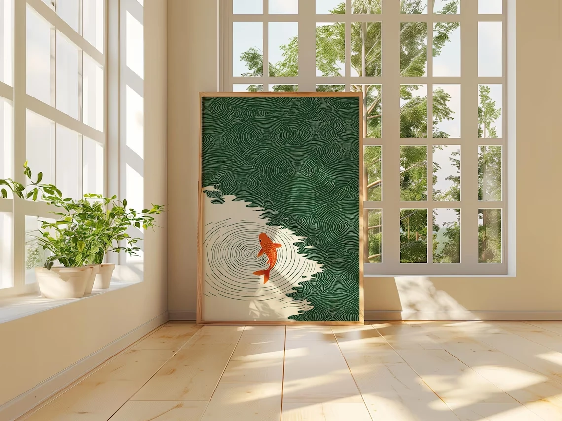 Retro japanische Wellen-Illustration, grün-orangefarbener Wandkunstdruck, Leinwandgemälde, Poster, Bild für Wohnzimmer, Schlafzimmer, Heimdekoration