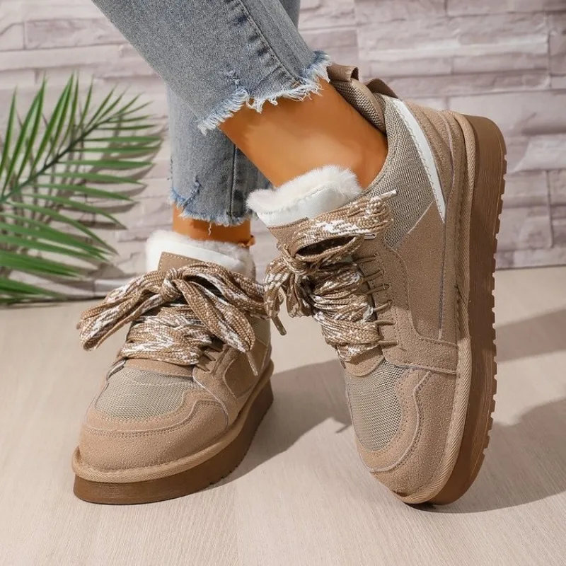 Women Real Sheepskin Wool Snow Boots 2026 New Design Low Top Thick Sole Lace Up Natural Fur Warm Cotton Shoe Winter Men Slippers