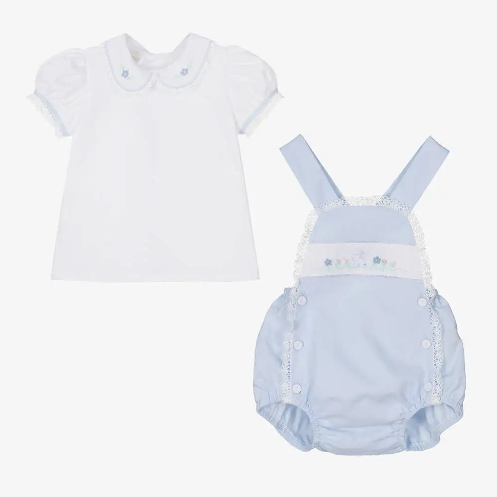 Baby Boys Spanish Clothes Set Children Summer 2 Pieces Groups Set Blue Cotton Shirt Peter Pan Collar White Shorts