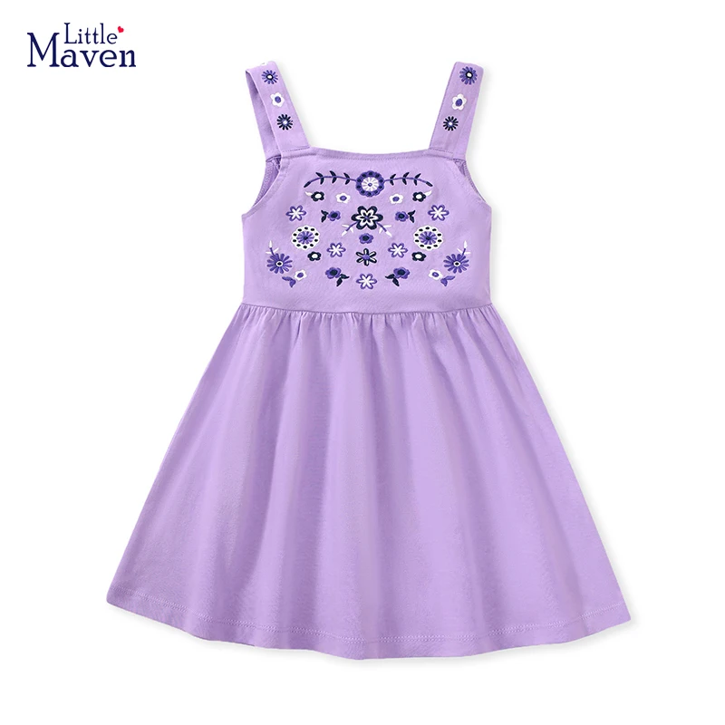 Little maven Summer Dress Toddler Baby Girls Clothes Cotton Purple Embroidery Flowers Sleeveless Dress Children's Clothing