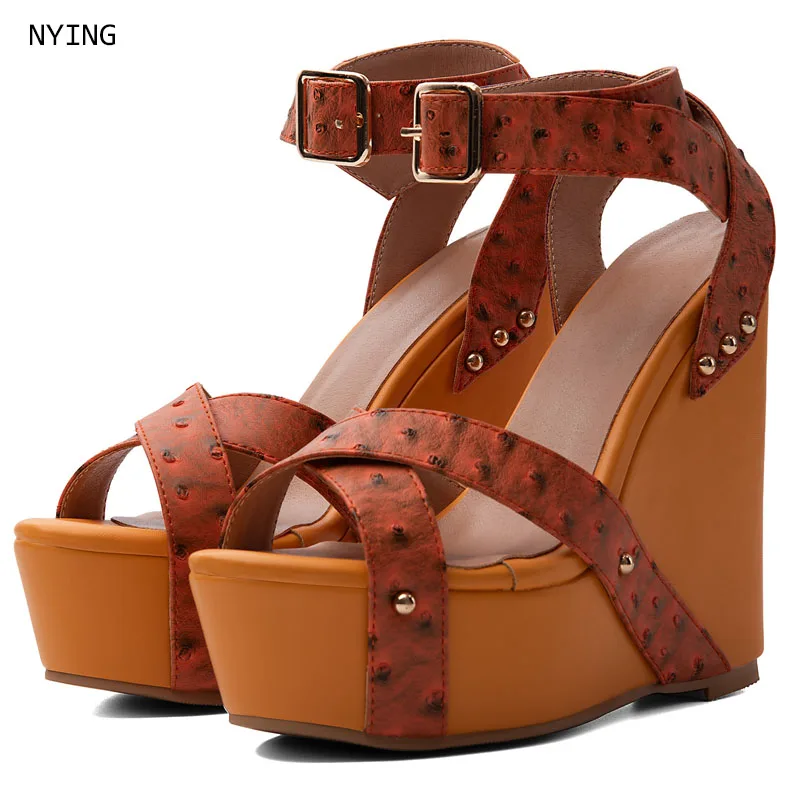 2026 Women Orange Ostrich Print Cross Strap Platform Wedge Sandals, Double Metal Buckle Ankle Strap Open Toe High Wedge Heel s