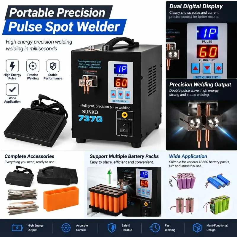 1.5kw Spot Welder Machine LED Illumination Dual Digital Display Double Pulse Welding For 18650 Battery Pack DIY