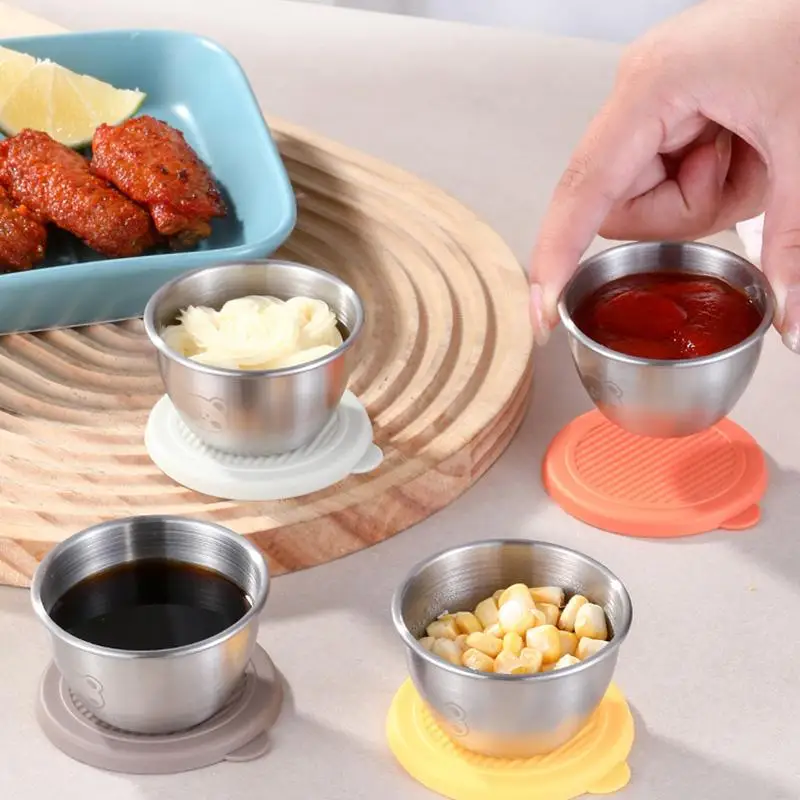 Contenitore per condimenti per insalata da 1/6 pezzi con coperchi in silicone riutilizzabili a tenuta stagna per tazza in acciaio inossidabile da 80 ml per scatola da pranzo e cucina da picnic