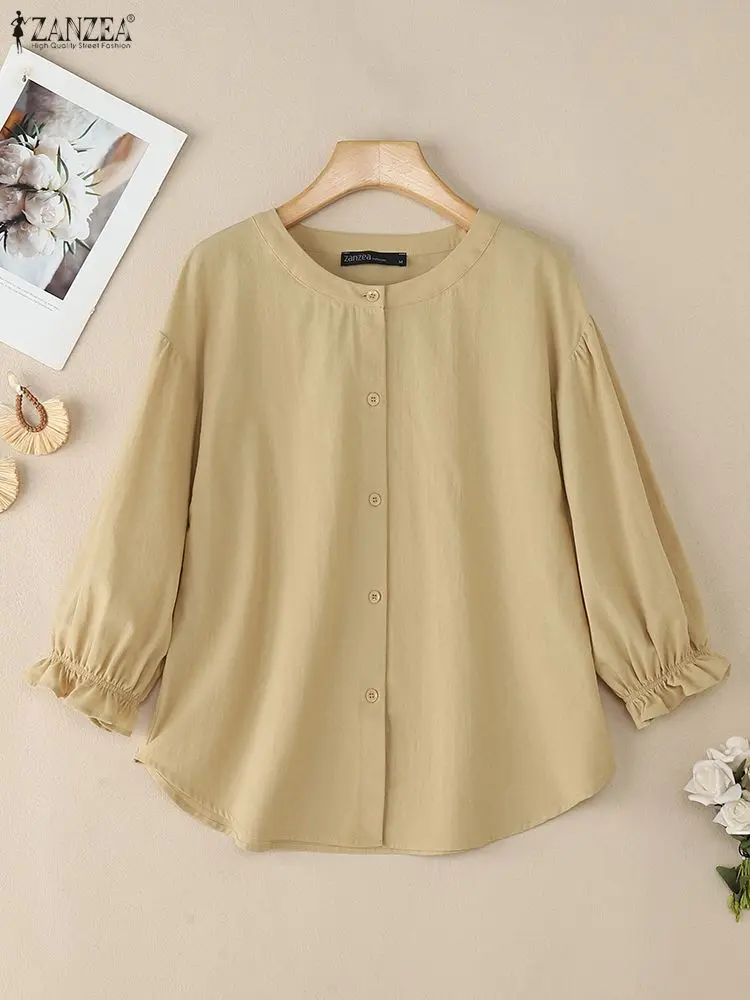 

Осенние рубашки ZANZEA 2024, женская блузка с круглым вырезом и длинным рукавом, повседневная однотонная рубашка на пуговицах, женская рабочая блузка, женские хлопковые топы