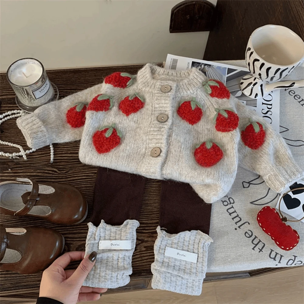 Kids Girls Strawberry Sweater Suit Autumn Winter Cute Single Breasted Knitted Cardigans Coats+Leggings 2Pcs Children Clothes Set