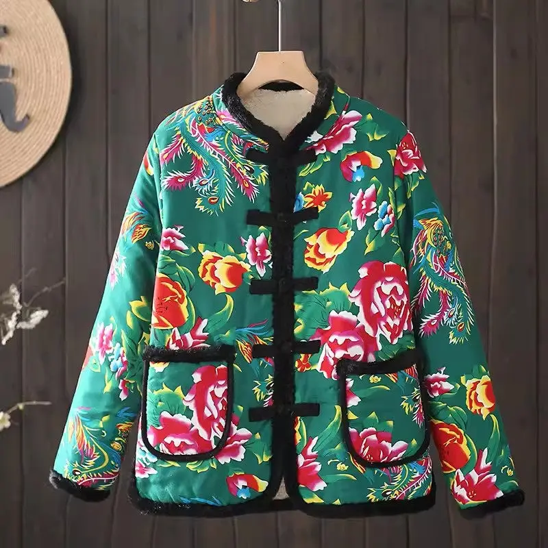 Chinese Style Flower Cotton Coat for Women Large Size Plush Jacket Thickened Warm Autumn and Winter Outerwear 2023