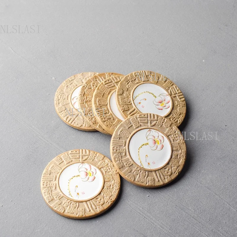 6pcs Zen Style Porcelain Coaster with Lotus Painting and Relief Pattern Details for Tea Ceremony and Coffee Table Decor