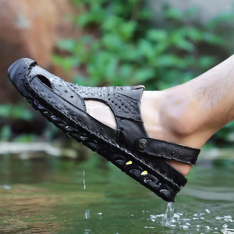 Neue männer sport sommer sandalen leder im freien große größe strand handgemachte anti-kollision kappe kopf waten waten schuhe 38-48 #