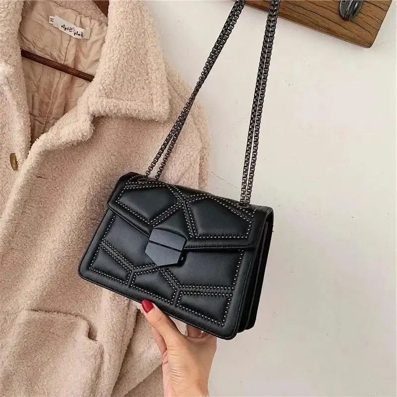 Vintage Rivet Chain Shoulder Bags For Women Flap PU Leather Fashion Small Square Crossbody Bag Designer Handbag