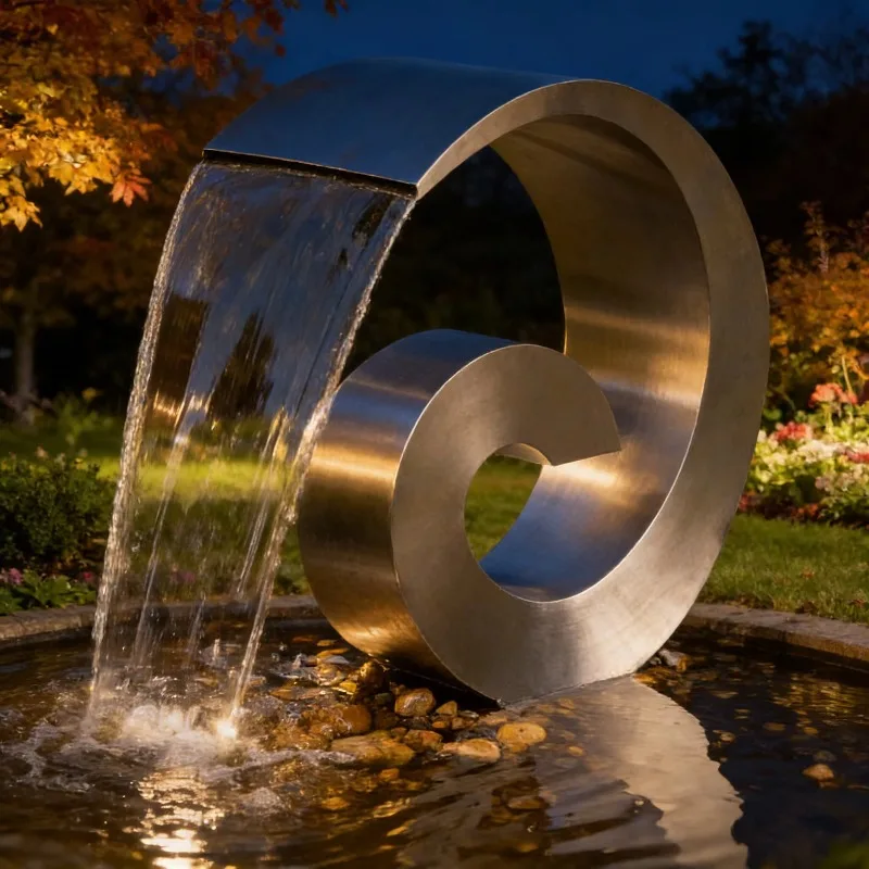 Modern Outdoor Garden Landscape Sculpture Fountain Brushed Stainless Steel Spiral Waterfall Custom Villa Courtyard Art Ornament