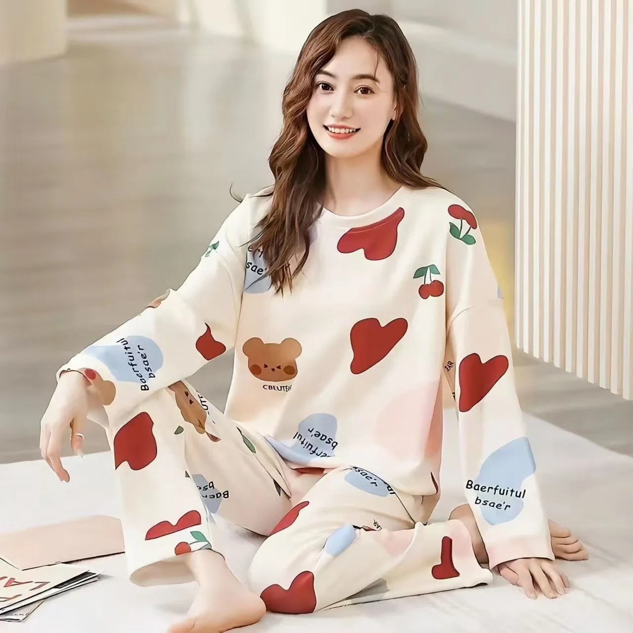 Women's Cartoon Printed Pajamas Set, Spring and Autumn Long Sleeved Top, Long Pants, Loose and Soft Casual Home Two-piece Set