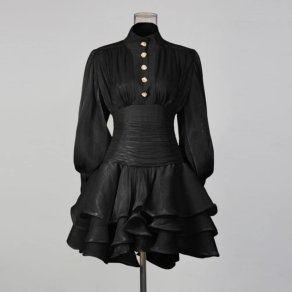 Female Stand Collar Long Sleeve Loose French Elegant Women's Dresses Autumn Fashion New Solid Spliced Ruffles Dress