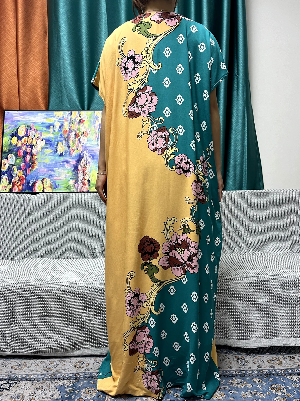 Abayas para mulheres, algodão, estampa floral, mangas curtas, ajuste solto, africano, islamismo, vestidos de Turquia, turbante