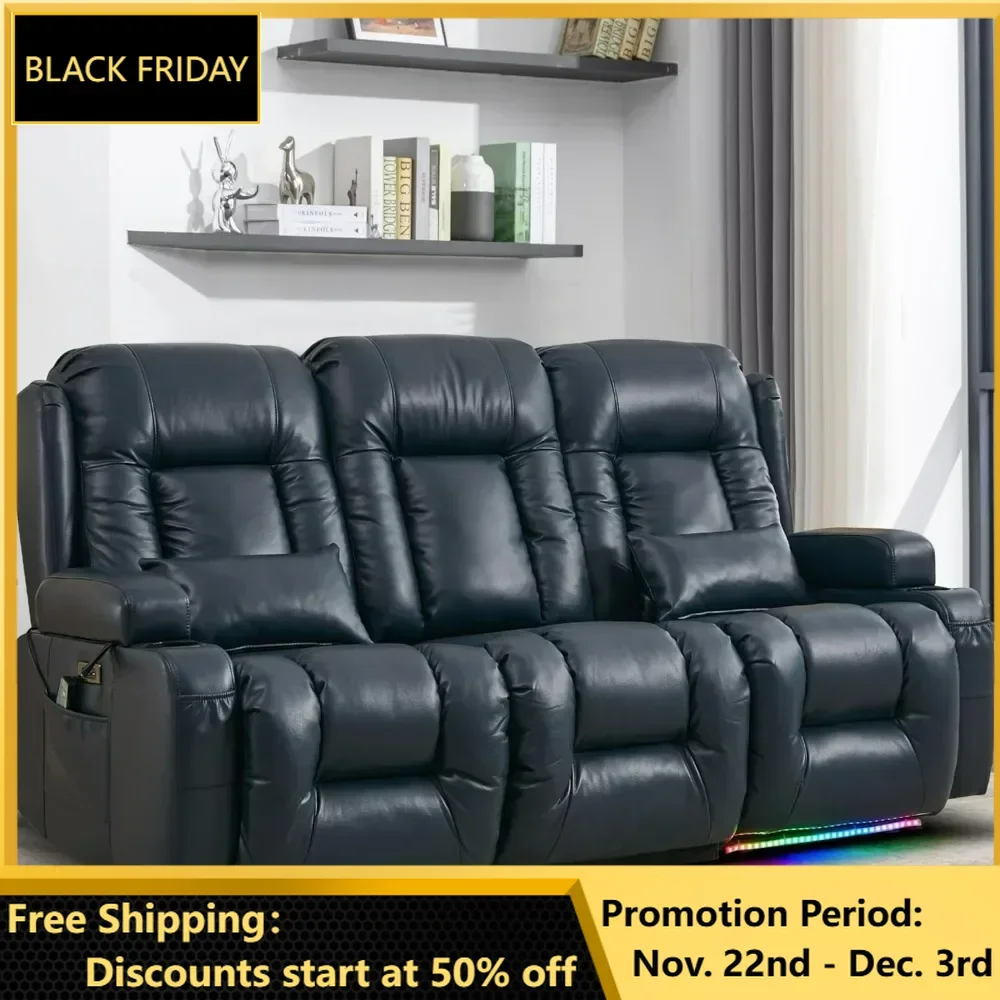 Recliner Sofas, LED Ambient Light, Flipped Middle Backrest/Bluetooth Speakers/USB/Built-in Outlets, Faux Leather Theater Seating