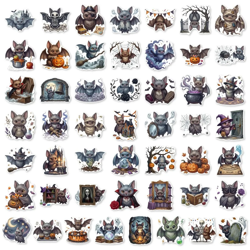 50Pcs New Cute Bat Halloween Stickers, Dark‑Style Decals with Pumpkin and Castle Motifs for DIY Golden Memory Stickers Store