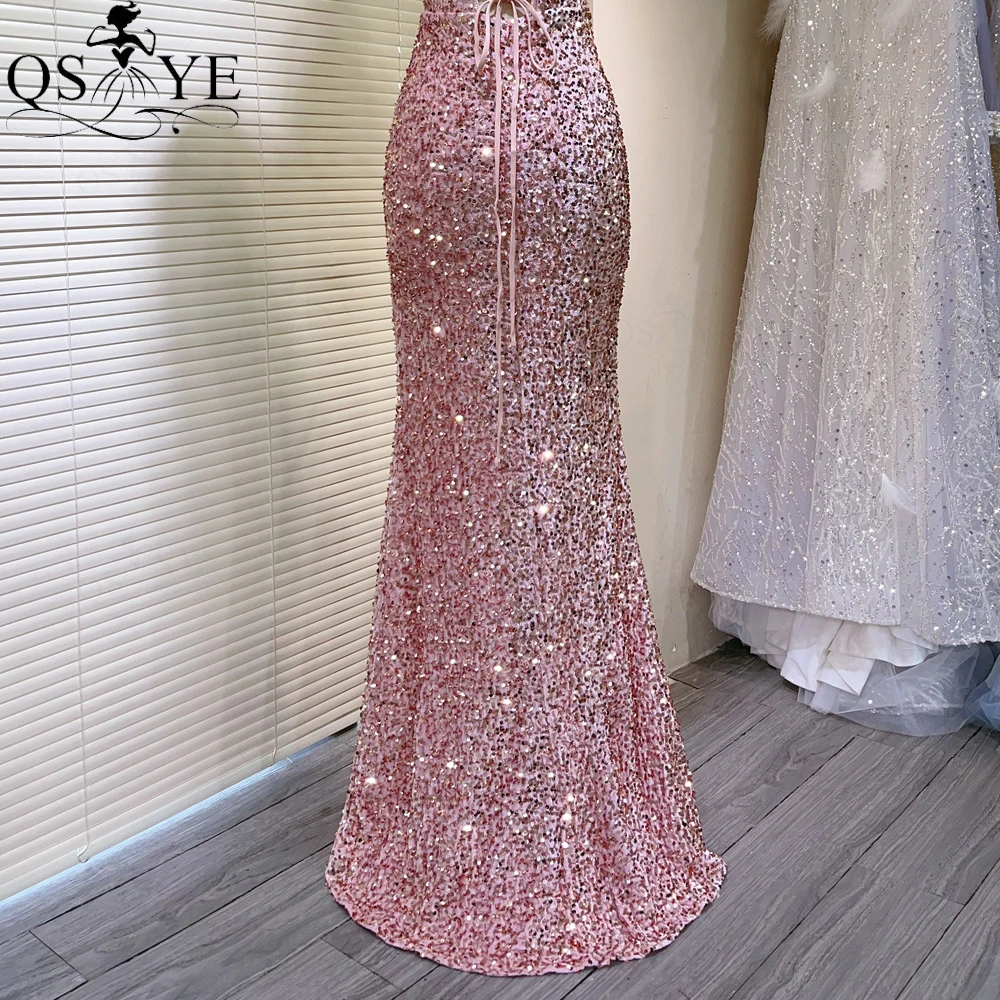 Pink Sequin Long Prom Dresses Slit Off Shoulder Boned Bodice Basque Waist Evening Gown Shiny Tie up Back Party Girls Dress