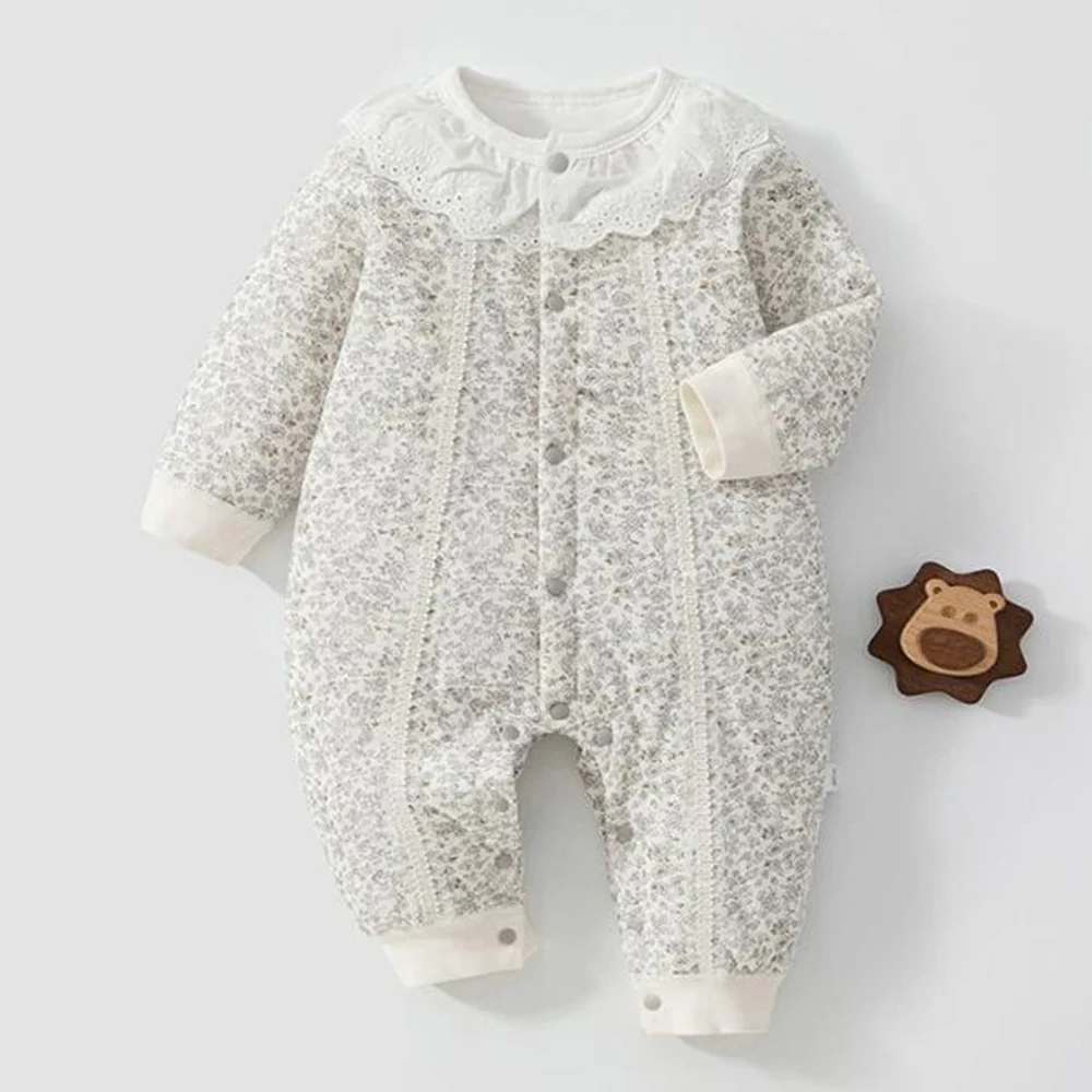 Christmas Baby Girl Romper Quilted Warm Winter Newborn Clothes Ruffles Collar Floral Princess 1st Birthday Infant Jumpsuit