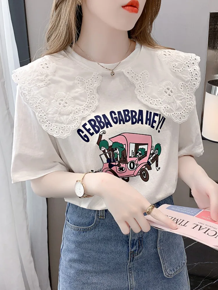 Design Sensation puur katoen ort Sve T-shirt Dames Faionable Veelzijdige poppenkraag Top Lente Zomer Nieuwe collectie