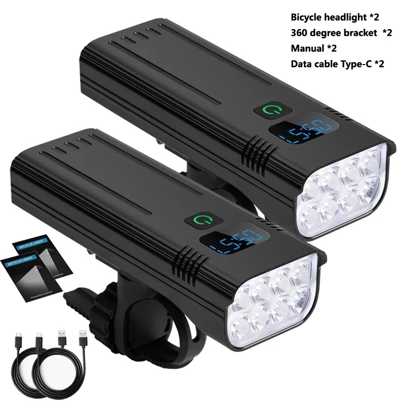 2SETS 10000mAh Bicycle Light Alloy Housing Rechargeable Bike Light MTB 8LED Lights For Front And Rear Bicycles Bike Accessories