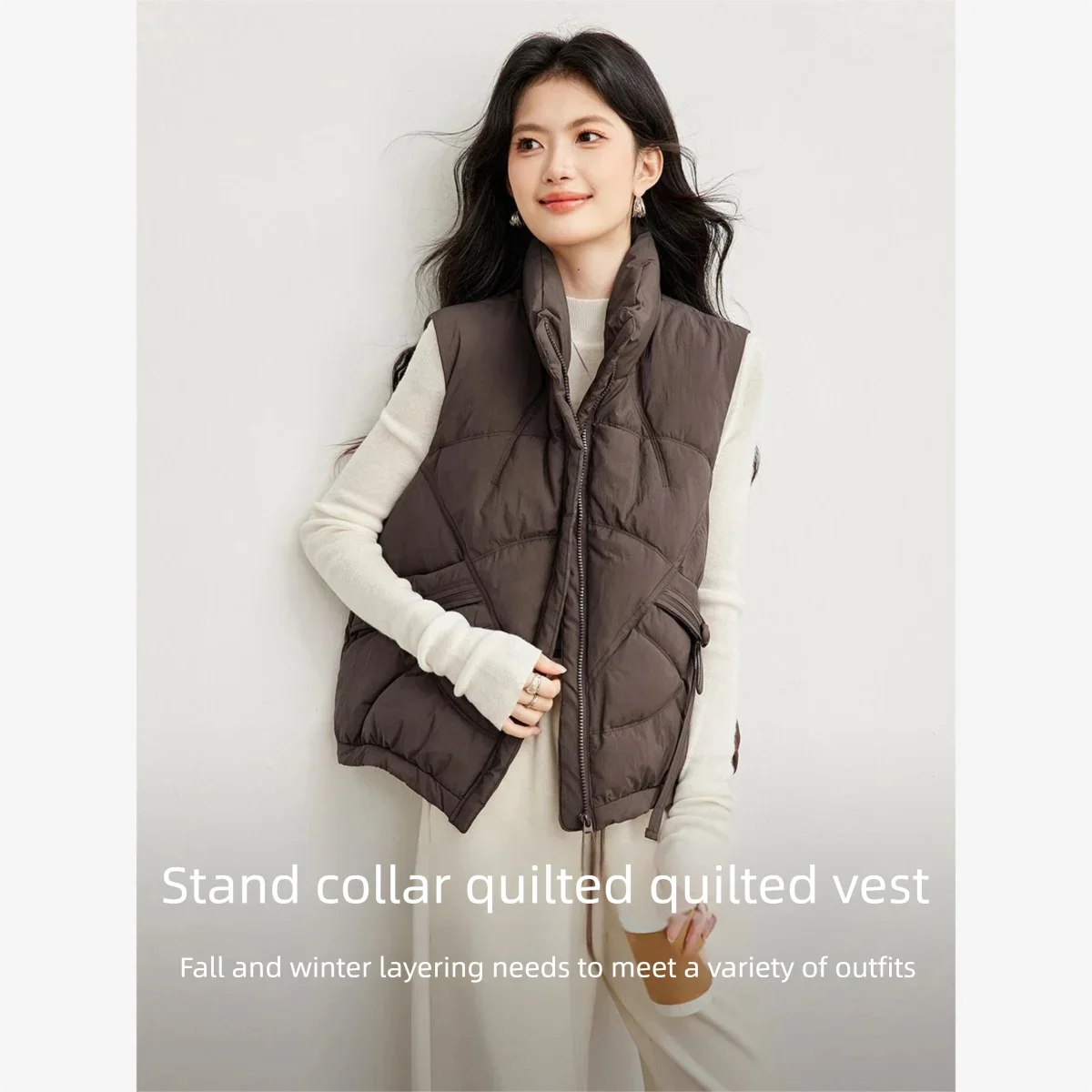 VIMLY Women's Quilted Vest Brown Stand Collar Diamond Quilted 2026 Autumn Winter Warm Sleeveless Jacket Fashion Outerwear 31802