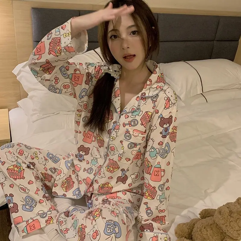 

Miniso Hello Kitty Pajamas Cute Pure Cotton Printed Long Sleeved Pants Set New Spring and Autumn Pants Casual Cardigan Home Wear