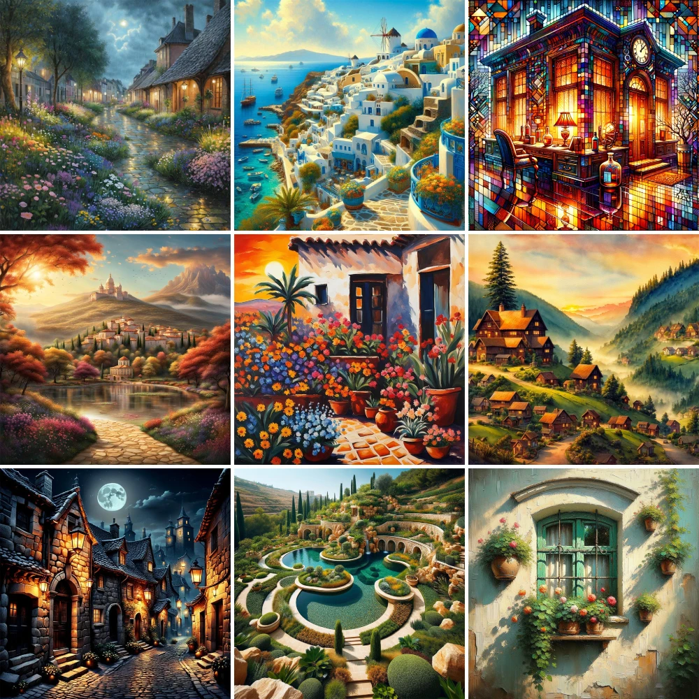 Landscape Fantasy House Pre-Printed Cross Stitch Set Embroidery Needlework Handicraft Handmade Handiwork Counted Jewelry Design