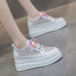 Summer Woman Platform Sneakers Wedge Shoes 2025 Female 8cm Height Increasing Ladies Lace Breathable Casual Shoes Canvas Shoes