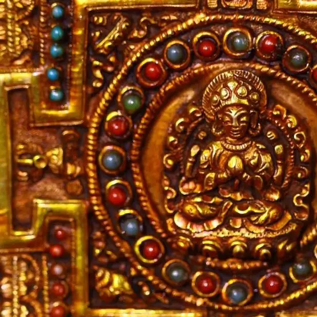 Thang-ga Old Tibetan Silver Gilded Mosaic Gem gZi Beads Shakyamuni Buddhist Niche Thangka mandala hanging panel